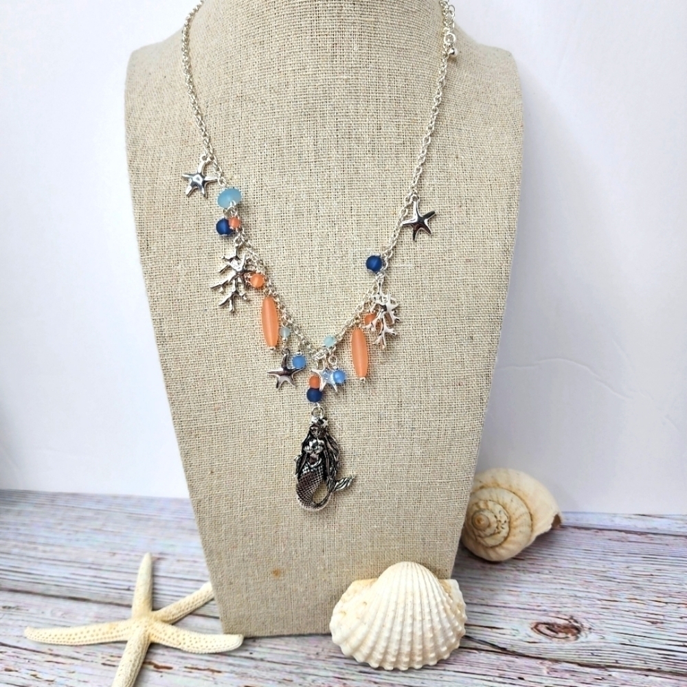 NEW MERMAID SILVER PERIWINKLE BY BARLOW NECKLACE COASTAL BEACH VACATION‎